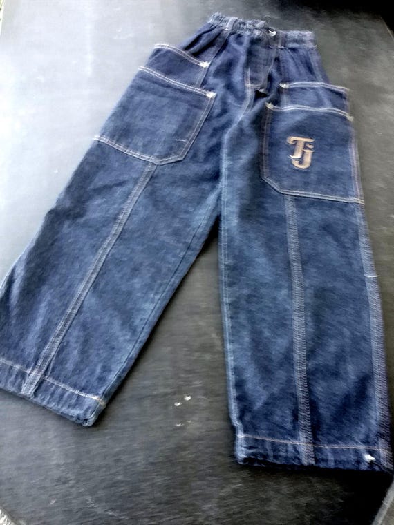 Sale 30% Jeans, pull-on trousers, cargo, straight fit, wide leg, dark denim, 4 double pockets, elastic waistband, kids, gender, Tokay, vintage