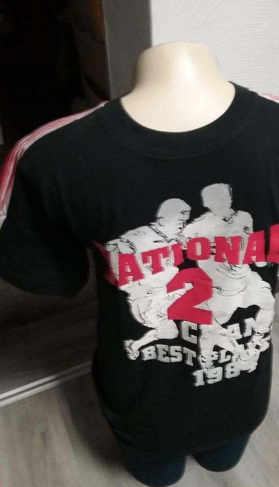Sale 30% T-shirt, short sleeve, graphic shirt-National, shoulder stripes, black-white-red, boys, men, boys, size information, Blue Seven, Vintage