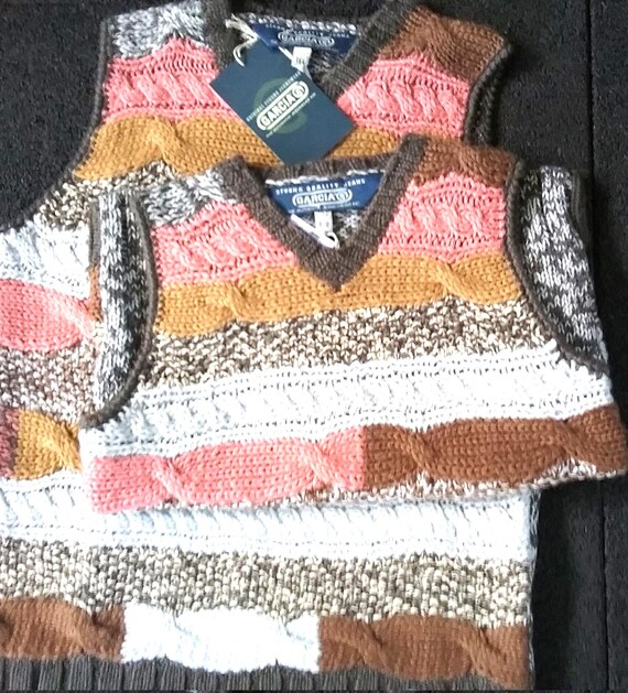 Sale 30% off: Pullover vest, hand-knit look, patch, V-neck, brown-pink-light grey, petite size for women, girls, young fashion, GARCIA, vintage