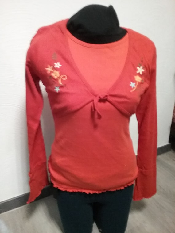 Sale 30% sweater, long-sleeved shirt, double shirt, bolero, graphic embroidery, flowers, pink + orange, girls, women, girls, Blue Seven, Vintage