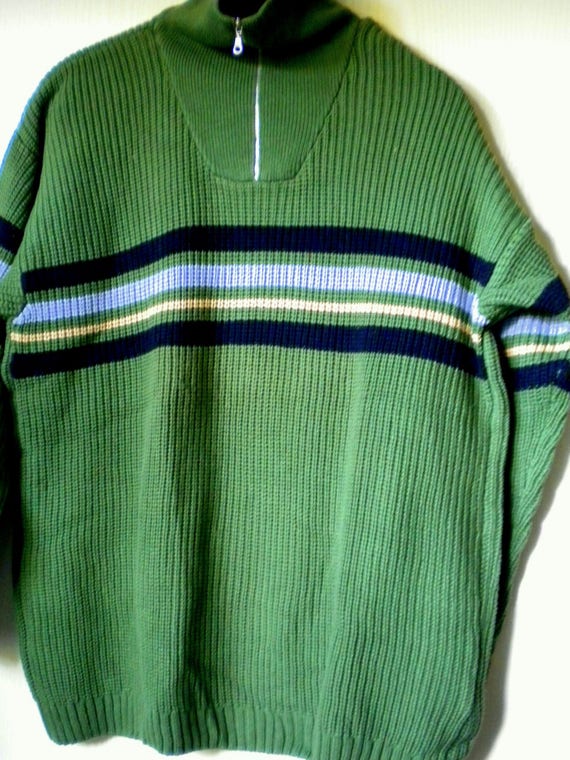 S.Oliver, Troyer Pullover, Half Patent, Jade Green, Breast Stripes, Black aqua beige, L164, M176 BIG, Maßabe, anno 1990, Vintage S.Oliver, Troyer Pullover, Half Patent, Jade Green, Breast Stripes, Black aqua beige, L164, M176 BIG, Maßabe, anno 1990, Vintage