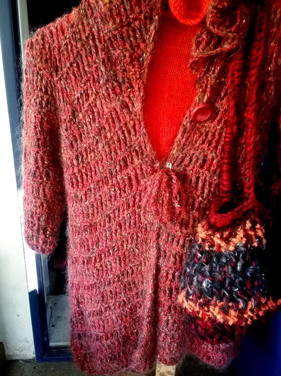 Handmade designer wool coat, crocheted, casual long jacket, hood, material mix with mohair, red tones, one size, unique, women, vintage