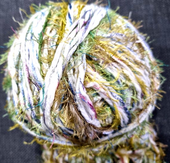 Wool, designer yarn mix, accents/extra soft, white wool, green-yellow fringe, light blue/pink ribbon, hand-wound, vintage wool