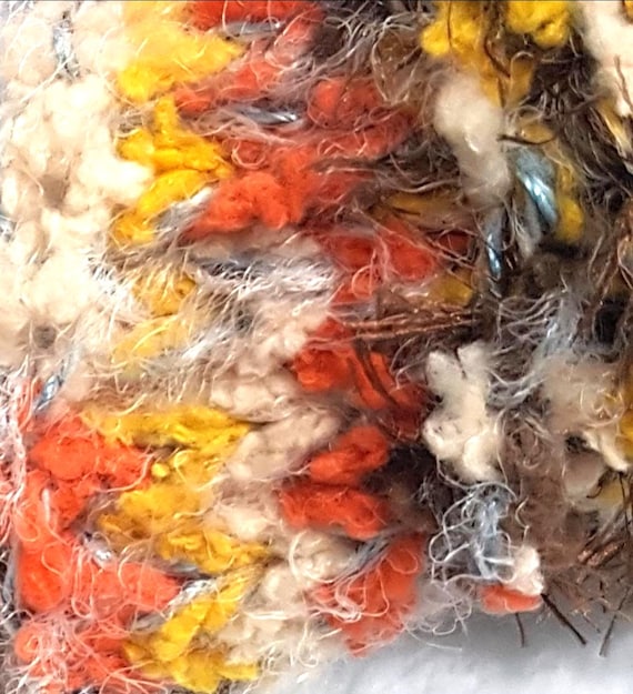 Wool, designer yarn mix, accent yarn/soft effect yarn/orange/brown/blue tones, various fiber types, hand-wound, vintage wool