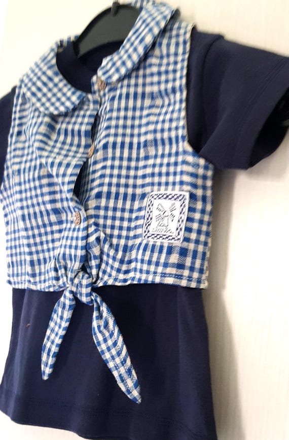 Sale 30% blouse, tie-front blouse, Peter Pan collar, top, checked, blue/ white/ sleeveless button-up vest, KIDS, girls, Absorba, Vintage