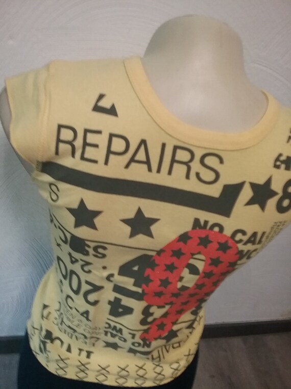 Sale 30% tank top, sleeveless T-shirt, graphic stars + lettering, orange + yellow with grey, girls, women, Blue Seven, Vintage