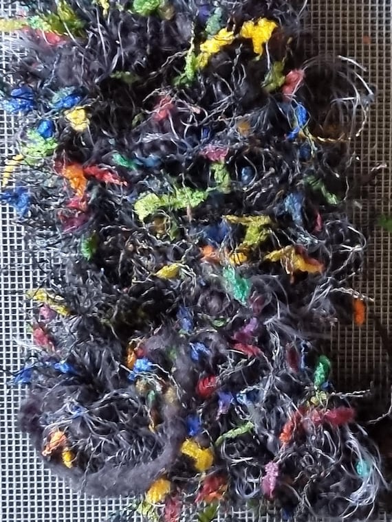 Wool, designer yarn mix, accents, thick crochet cord, black and multicolored, sew-on decorations, various fiber types, hand-wound, vintage wool