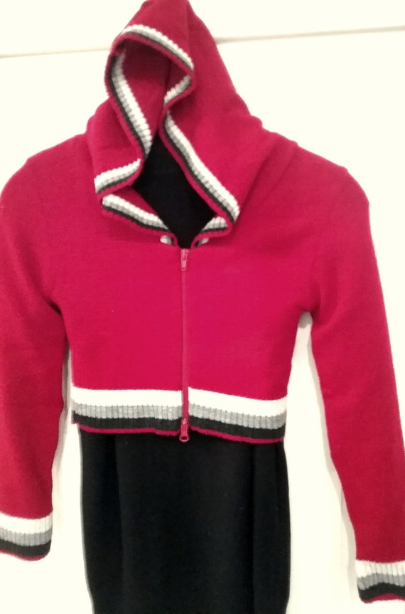 Kapuzenjacke, Hoodie, Bolero, kurze Strickjacke, rot oder orange, Ränder gestreift, one Size, Maßangabe, Vintage Kapuzenjacke, Hoodie, Bolero, kurze Strickjacke, rot oder orange, Ränder gestreift, one Size, Maßangabe, Vintage