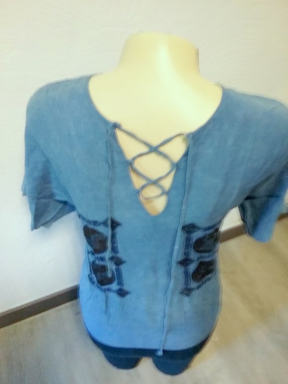 Sale 30% blouse, top, fabric shirt, 100% viscose, kimono or sleeveless, batik, shades of blue, patchwork look, girls, women, Whoopi, vintage