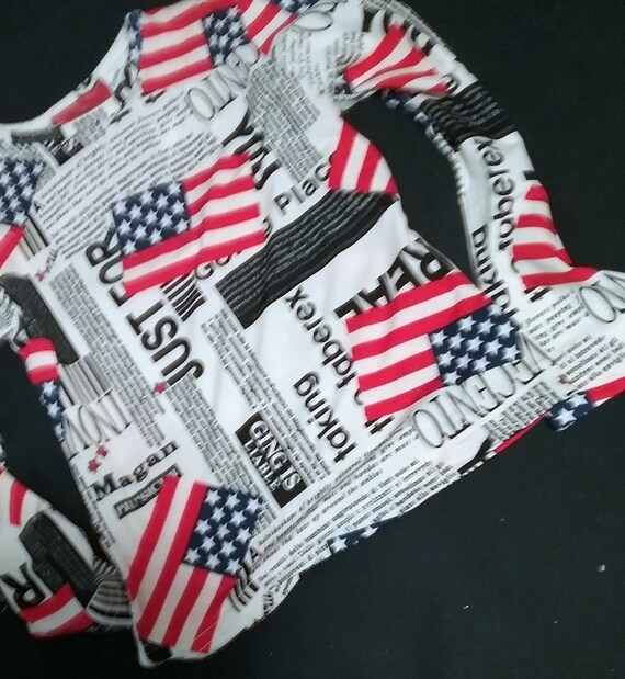 Sale 30% Sweater, long-sleeved shirt, graphic USA flag, all-over white-red-blue, short form, polyester, girls, girls, Daniela Monti, Vintage