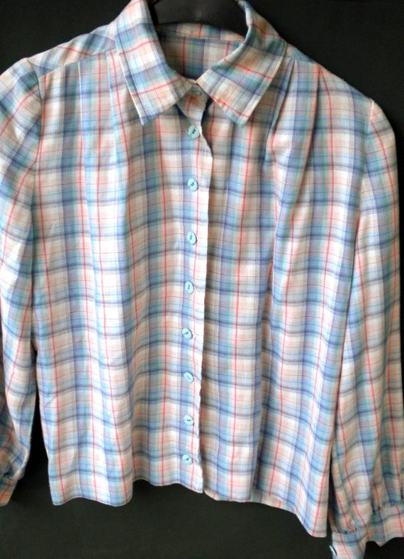Sale 30% blouse, shirt, short form, handmade, light blue/pink/check, one size, ladies, women, second hand, vintage