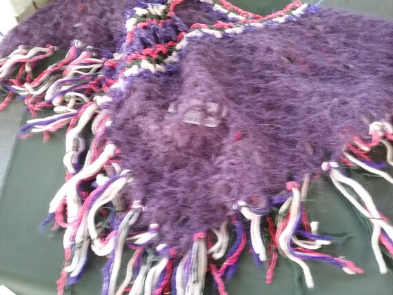 handmade, poncho, crocheted scarf shoulder warmer purple pink material mix unique mohair effect yarn women teens girls