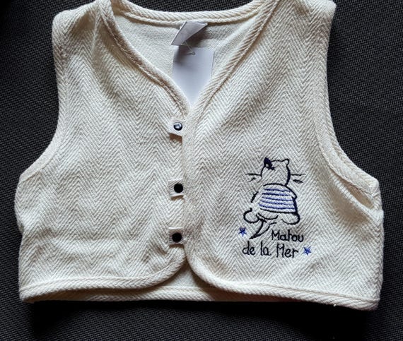 Sale 30% sleeveless vest with motif, cotton textured, tinted white/blue/black, snap fasteners, Baby/Kids, Gender, Absorba, Vintage