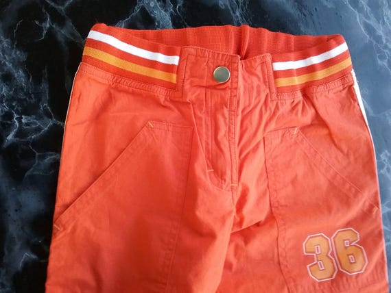 Sale 30% Pants, capri pants, red/orange/white, wide elastic waistband, white side stripe, cotton, young fashion, gender, bodyclub, vintage