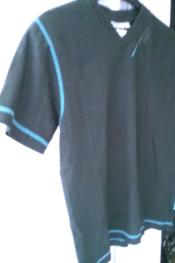 Sale 30% T-shirt, short sleeve, graphic logo, dark green-turquoise + grey-white, V-neck, gender, size information, V-neck, Tom Tailor, Vintage