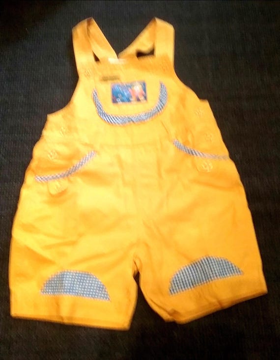 Sale 30% dungarees, dungaree Bermuda shorts, yellow-blue, graphic bear, watering can, garden, pockets, cotton denim, KIDS, girls, Del Gado, Vintage