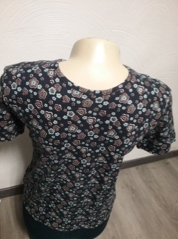Sale 30% T-Shirt, short sleeve, Girls Shirt, women, girls, scattered flowers, dark blue-brown-turquoise, Maßae, modified, S.Oliver, Vintage