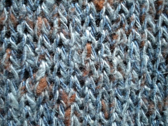 Handmade vest, casual knit shirt, cotton/linen/other fibers, blue with brown, size 44/46, measurements provided, vintage wool