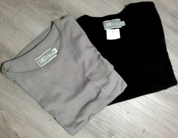 Sale 50% T-shirt, short sleeve, slim fit, black + grey, breast pocket, cotton, girls, size information, Exit, Vintage