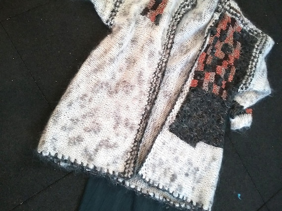 handmade, cardigan, rustic, coat white/beige/copper/black, One Size BIG, patch/look unique, vintage