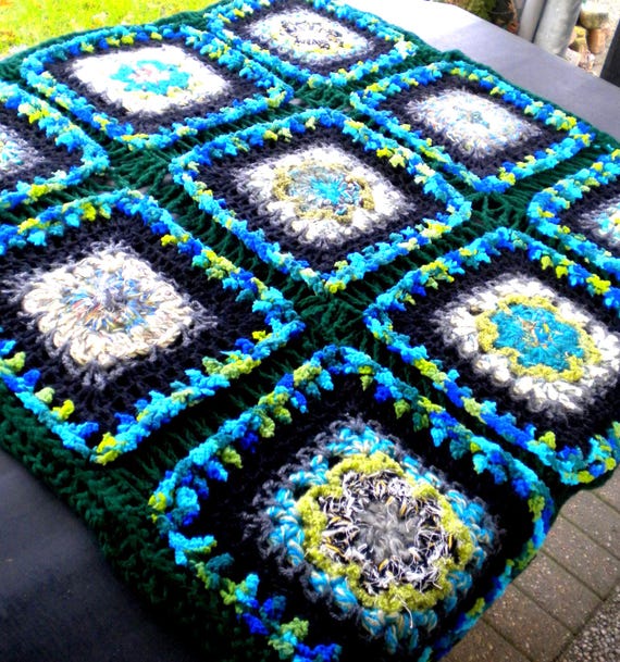 Handmade home accessories, thick blanket, extra soft, lightweight throw/plaid, green/blue/turquoise/multicolored/ designer yarn mix, vintage wool