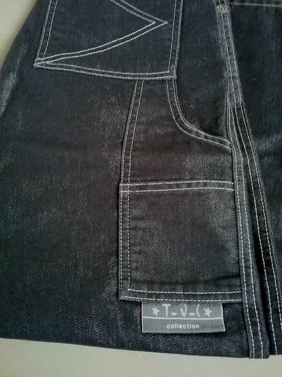 Baggy pants, jeans, wide leg, black/silver inside, white seams, 5 pockets, zipper/button, young fashion, gender, Tokay, vintage