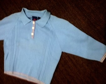 Sweater, POLO shirt, thin knit sweater, blue, striped edges, short size, BIG format, long sleeve, KIDS, girls, S. Oliver, vintage