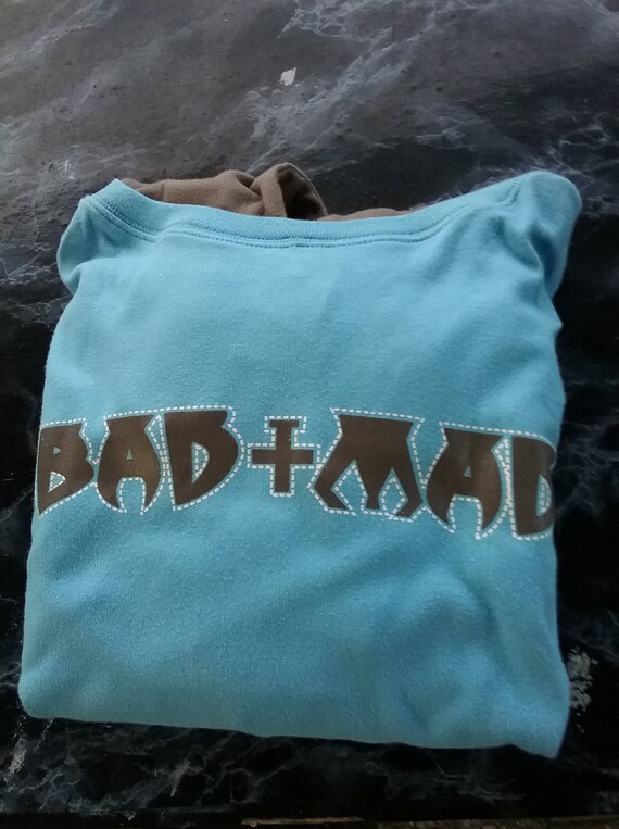 Sale 30% off: Pullover/Hoodie, Bad + Mad, Logo, turquoise-brown-white, long-sleeved or short-sleeved, gender-neutral, cotton, best quality, vintage