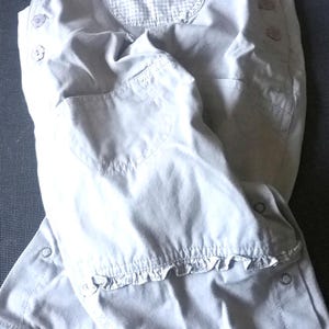 Sale 30% Dungarees, Bib Bermuda shorts, checked ruffles, light grey and white, pocket details, snap fasteners, BABY + KIDS girls, Del Gado, vintage