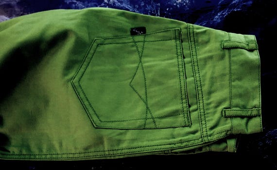 Sale 30% Trousers, long, straight fit, granny green, pockets, belt, measurements, other details, Young Fashion, Gender, Whoopi, Vintage