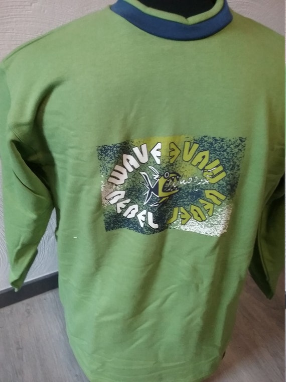 Sale 30% Sweater, sweatshirt, transition, graphic - Wave Rebel, green-blue-white, BIG-wide shape, boys-boys, Whoopi, vintage