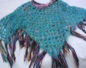 Poncho throw turquoise outdoor crochet shawl handmade material mix unique mohair effect yarn women teens girls