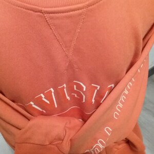 Op de afbeelding: Een koraaloranje sweatshirt met witte tekst die "VISTA" op de voorkant staat. Het sweatshirt heeft een geribbelde halslijn en lange mouwen.