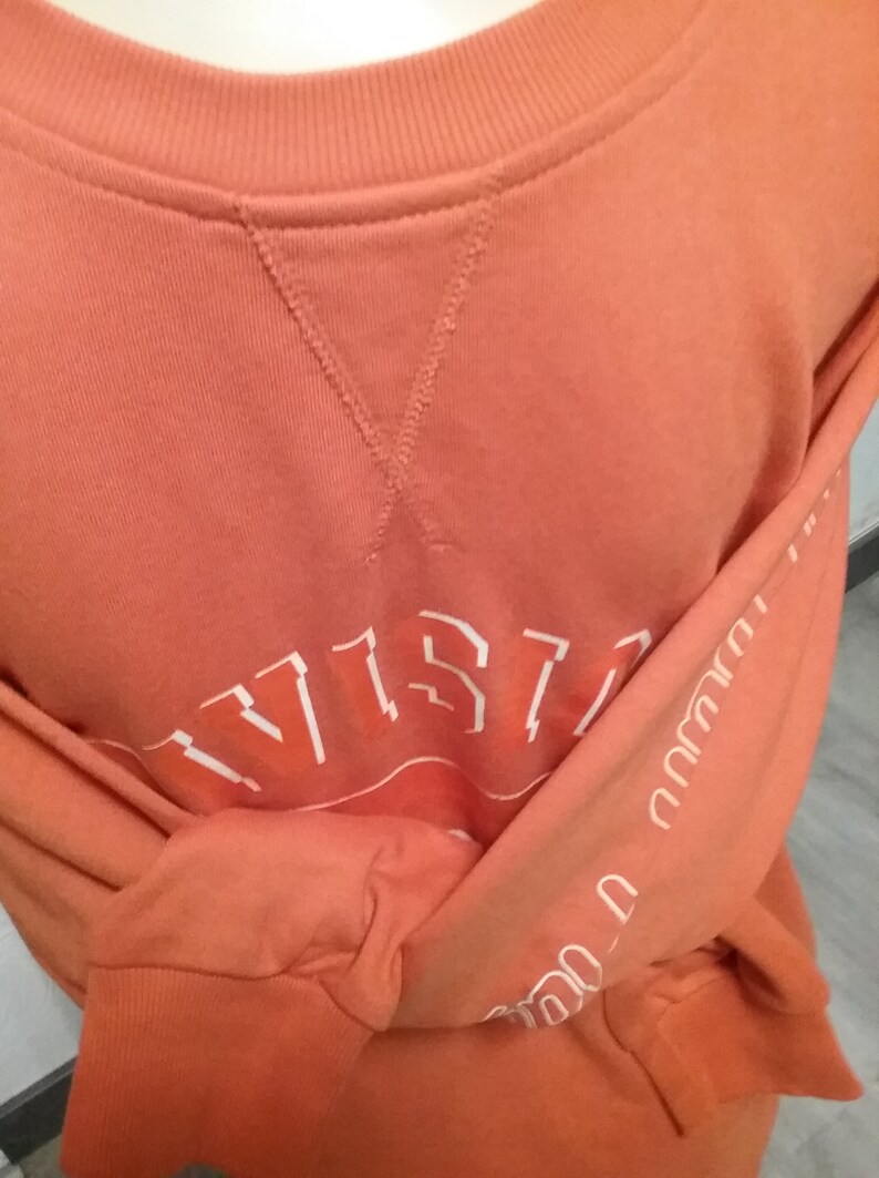 Op de afbeelding: Een koraaloranje sweatshirt met witte tekst die "VISTA" op de voorkant staat. Het sweatshirt heeft een geribbelde halslijn en lange mouwen.