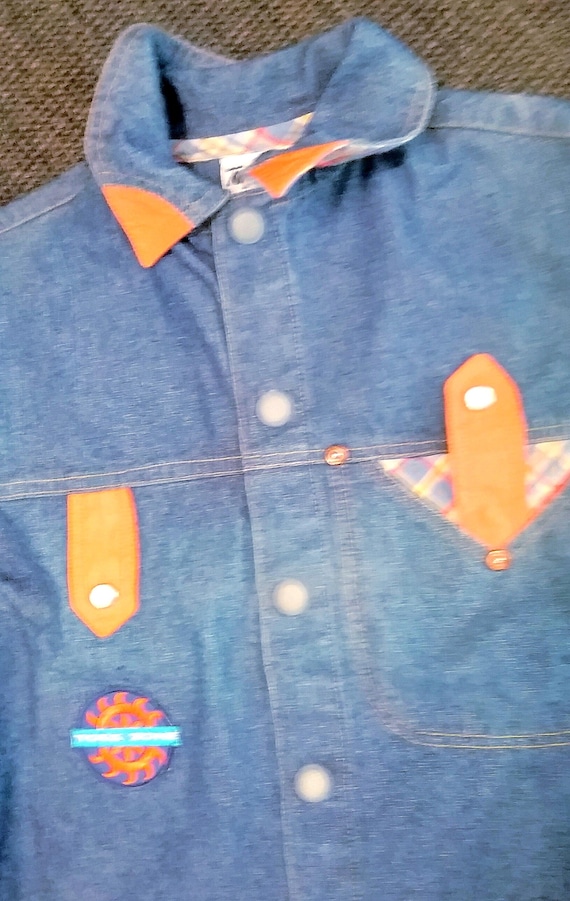 Sale 30% Shirt, Blouse, Overshirt, Denim Shirt, Long Sleeve, Blue Denim, Checked Fabric, Hem + Pocket Details, KIDS, Toff Togs Zone, Vintage