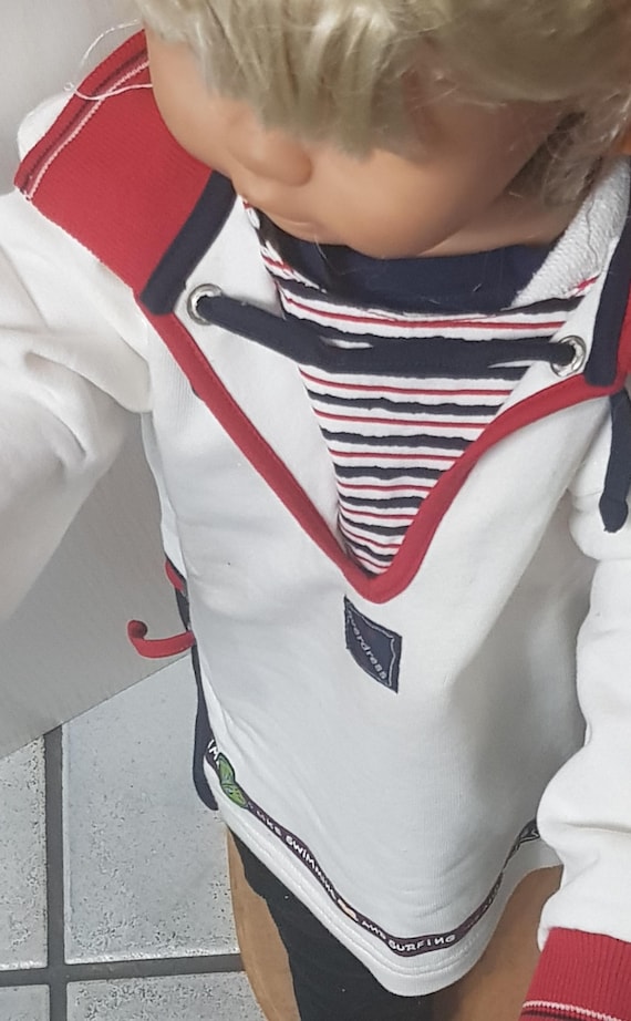 Sale 30% Sweater, sweatshirt, maritime, lapel collar with striped details, back motif, white/red/blue, kids, gender, Whoopi, vintage