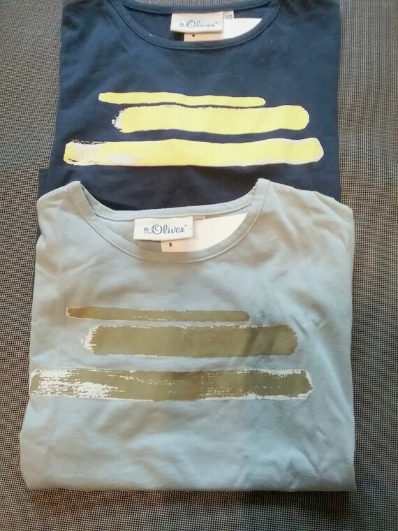 T-shirt, short sleeve, motif, graphic stripe details, dark blue-lime-green + grey-brown, shirt/blouse lime-green, unisex, S.Oliver, Vintage