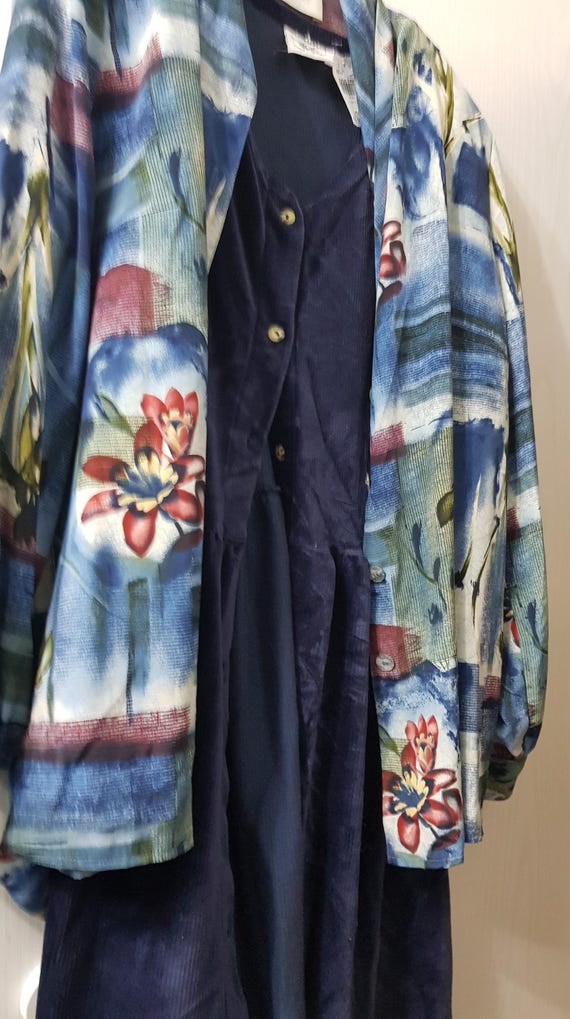 Sale 30% pussy-bow blouse, tie-front blouse, long sleeves/cuffs, blue/multicolored, size 44/46, measurements, details, ladies/women, Ilany, second-hand, vintage