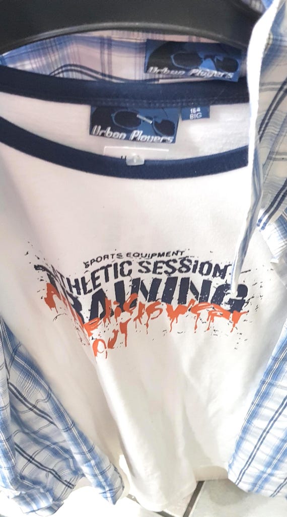 Long-sleeved shirt, white/blue/orange, graphic lettering + logo, cotton, polyester, matching shirt, Urban Players by Bad+Mad, Vintage