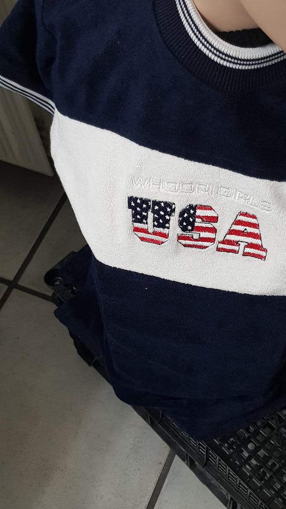Sale 30% T-shirt, short sleeve, blue/red/white, round neck, striped cuffs, terry cloth, oversized, Young Fashion, girls, Whoopi, Vintage