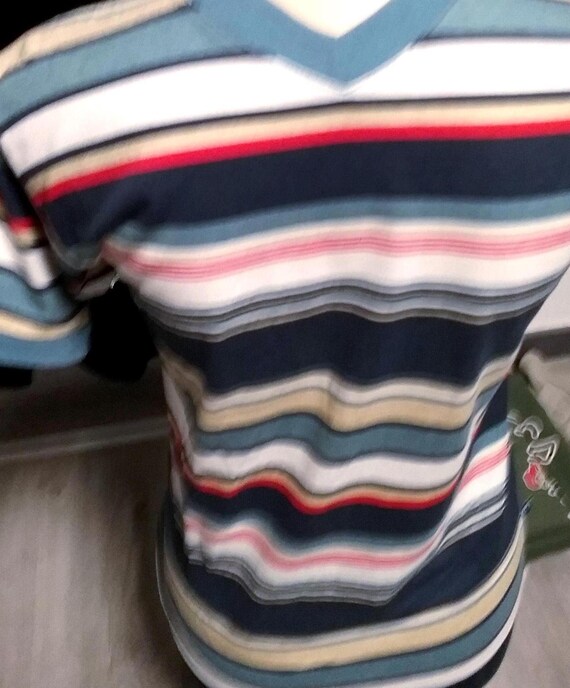 Sale 30% T-shirt, short sleeve, stripes, striped, V-neck, white-blue-beige-red, gender, BIG size, measurement, Whoopi, Vintage