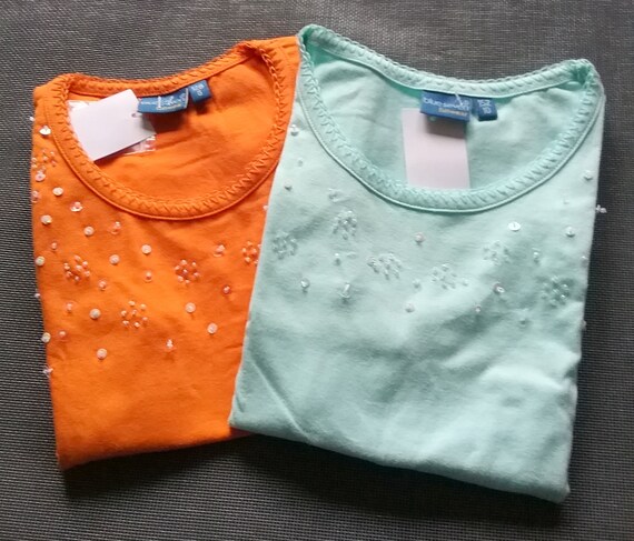Sale 30% tank top, sleeveless T-shirt, sequins, turquoise + orange + pink, girls, Blue Seven, Vintage