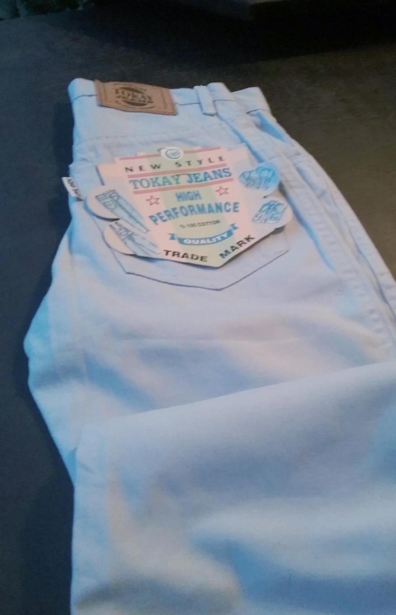 Flared trousers, jeans, denim, light blue, cotton, zipper, button, 4 pockets, size information, girls, women, young fashion, Tokay, vintage
