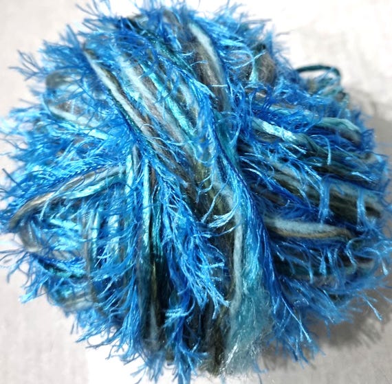 Wool, designer yarn mix, accents/extra soft, Pierrot glossy yarn/turquoise tones, fringe, Vega Jade, aqua, hand-wound, vintage wool