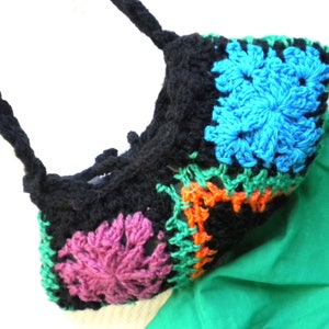 Shoulder bag, crocheted, granny square style, carrying cords, material mix, black-pink-purple-green-turquoise, vintage retro look image 3