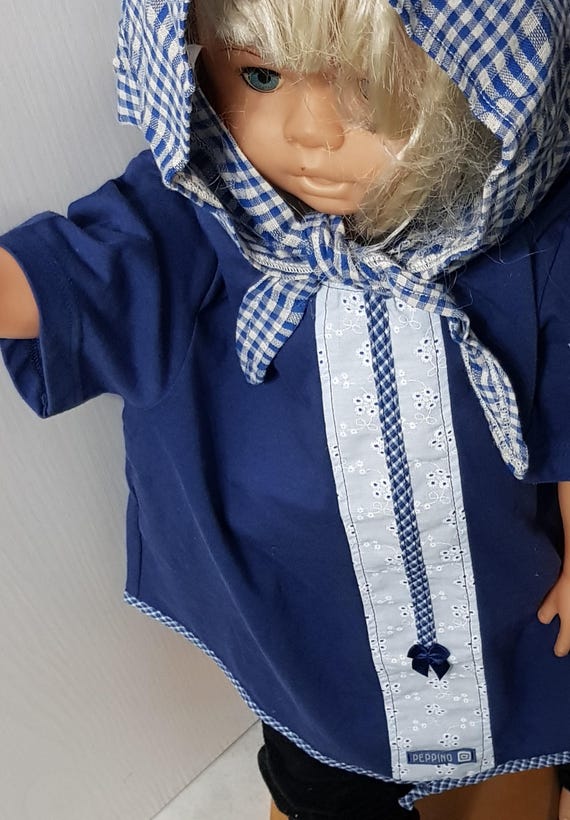 Sale 30% T-shirt, short sleeve, flared, tunic, shades of blue, checked edging, lace details, bow, kids, girls Peppino, vintage