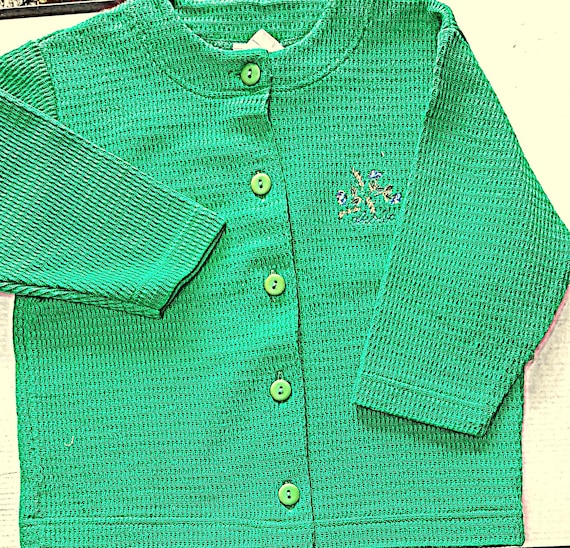 Sale 30% Sweat jacket, knit look, pattern/structure, green with floral embroidery + LOGO, cotton, buttons, kids/girls, Absorba, Vintage