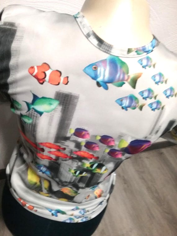 Sale 30% T-Shirt, Kurzarm, Grafik- Fische, allover, grau-bunt, schmale Form, Girls, Mädchen, Tutti Paletti, Vintage