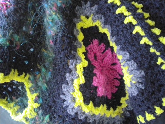 handmade, crochet vest, granny square, patchwork, hippie look, sleeve stole, black-pink-green, custom made, vintage style
