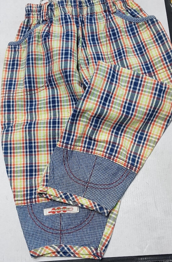 Sale 30% Pants, pull-on pants, checked, denim, cotton, durable, wide fit, blue-green/red, pockets, junior, gender, Peppino, vintage